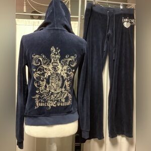 Juicy Couture Dark 💙 velour pants 32 x 33 zip up hoodie tracksuit